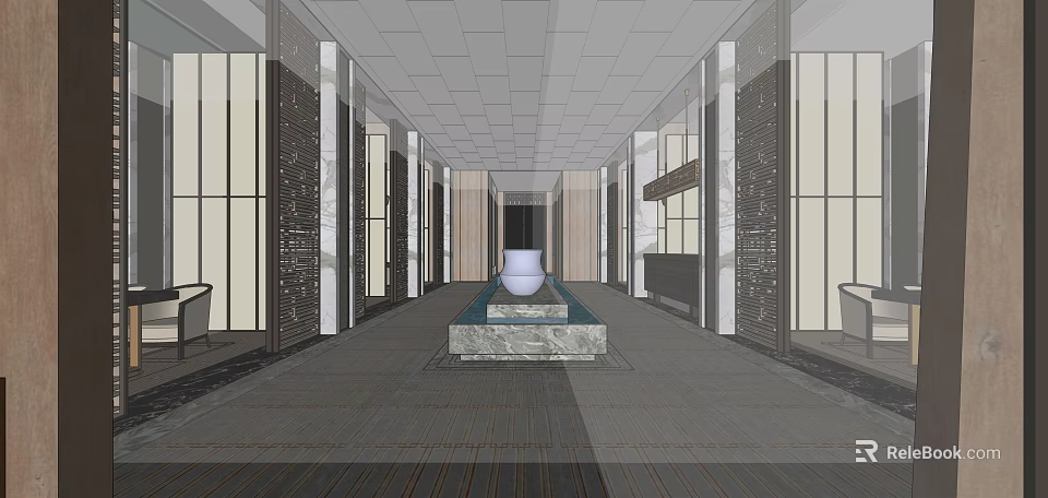 Spacious Elevator Lobby With Modern Design Marble Decor And White Vase On Stone Pedestal 3d model 