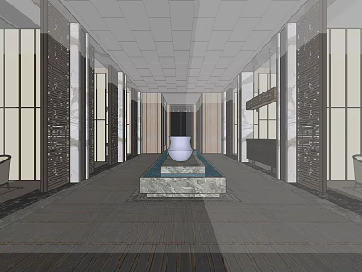 Spacious Elevator Lobby With Modern Design Marble Decor And White Vase On Stone Pedestal 3d model