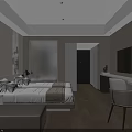 Modern Hotel Guest Room With Twin Beds City View Flat Screen TV And Wall Art