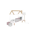 House Shaped Children's Bed With White Frame Wooden Roof And Pink Gray Bedding