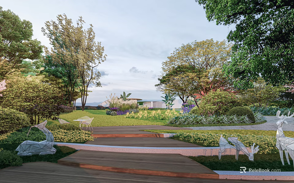 Scenic Park Landscape With Lush Trees Lawn Wooden Walkway And Greenery Benches 3d model 