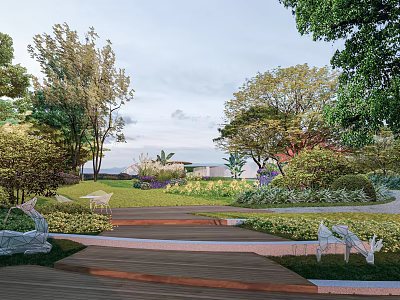Scenic Park Landscape With Lush Trees Lawn Wooden Walkway And Greenery Benches 3d model