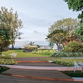 Scenic Park Landscape With Lush Trees Lawn Wooden Walkway And Greenery Benches