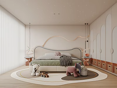 Cozy Kids Room Interior With Starry Ceiling Curved Headboard Round Rug And Wooden Cabinets 3d model