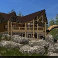Wooden Detached Villa With Sloped Red Roof Chimney And Green Surrounding Trees