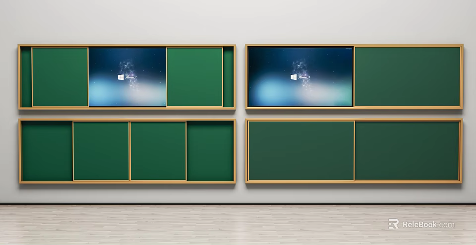 Wall Hanging Panels with Green Frames Golden Borders Screens on White Wall Light Floor 3d model 