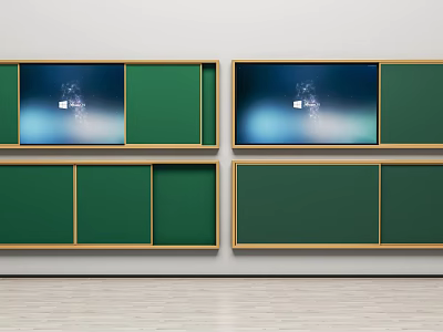 Wall Hanging Panels with Green Frames Golden Borders Screens on White Wall Light Floor 3d model