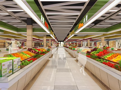 Modern Supermarket Interior With Fresh Produce Section Well Arranged Fruits Vegetables And Spacious Aisles 3d model