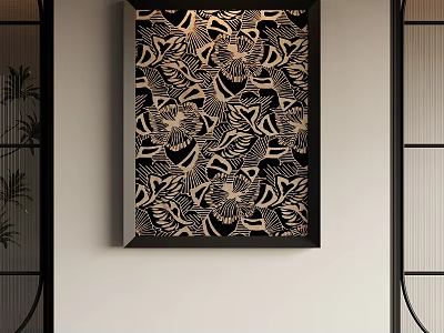 Modern Abstract Painting With Black And White Floral Pattern In Black Frame On Wall 3d model