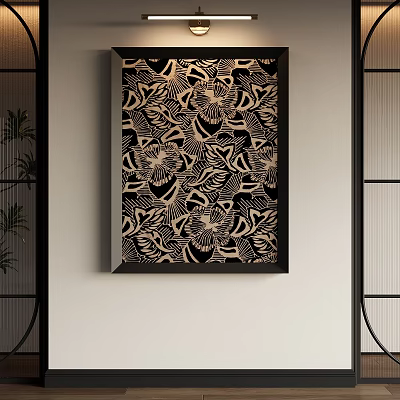 Modern Abstract Painting With Black And White Floral Pattern In Black Frame On Wall 3d model