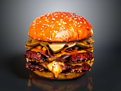 Juicy Double Patty Burger With Sesame Seed Bun Melted Cheese And Fresh Pickles 3d model