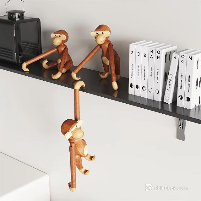 Wooden Monkey Ornaments Set On Black Shelf With White File Folders 3d model 