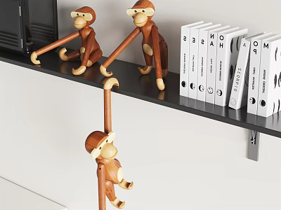 Wooden Monkey Ornaments Set On Black Shelf With White File Folders 3d model