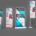 Various Modern Exhibition Display Shelves with Geometric Patterns and Ads 3d model