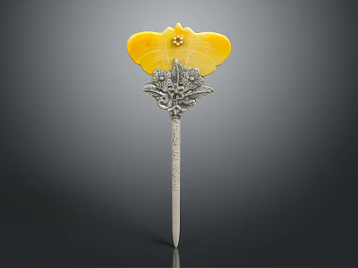 Elegant Yellow Carved Gemstone Silver Hairpin With Intricate Floral Design And Detailed Ornamental Stem 3d model