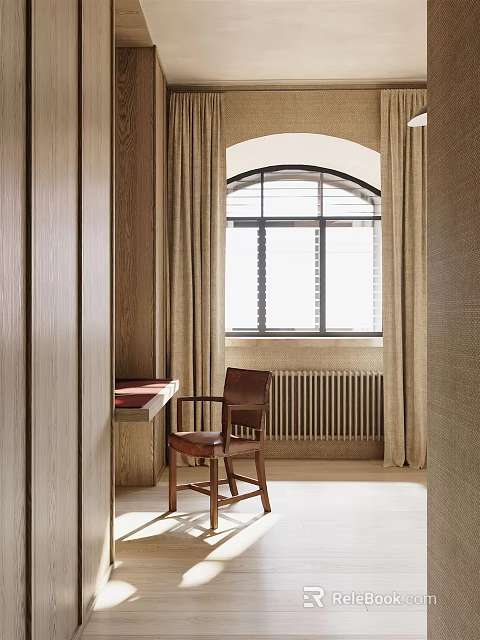 Warm Study Room Interior With Wooden Desk Chair Arched Window And Curtains 3d model 