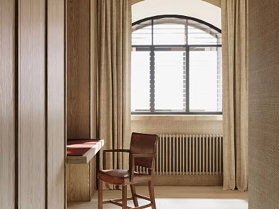 Warm Study Room Interior With Wooden Desk Chair Arched Window And Curtains 3d model