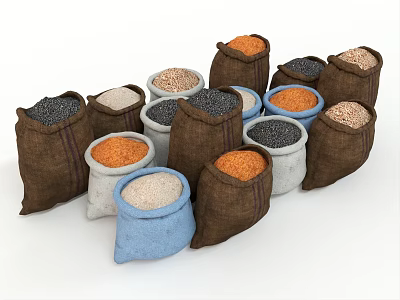 Assorted Food Grain Storage With Various Colored Sacks And Containers Holding Different Cereal Types 3d model