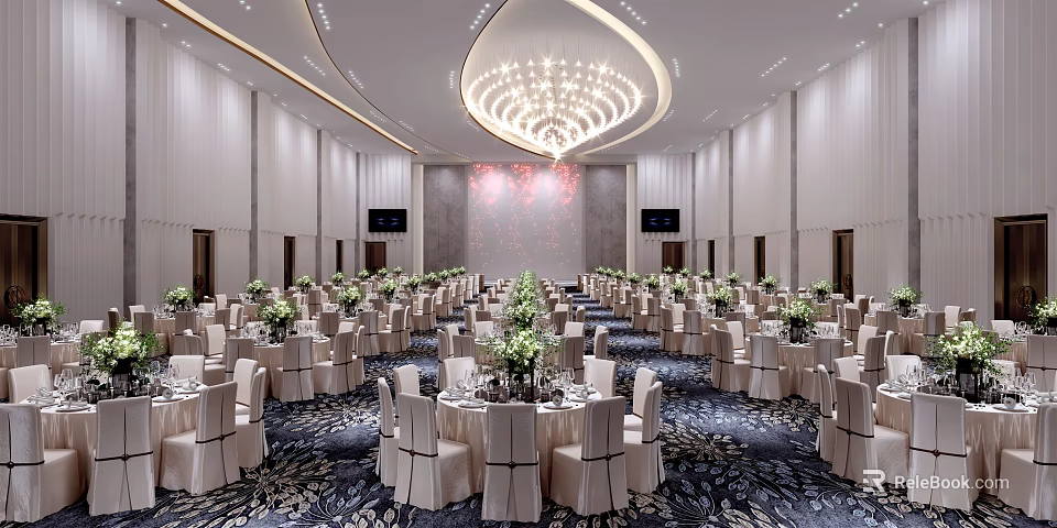 Elegant Modern Banquet Hall with Large Chandelier Round Tables Greenery Decor and White Chair Covers 3d model 