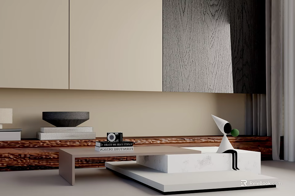 Modern Living Room Interior With Stylish Coffee Table Marble Top And Decorative Camera Sculpture 3d model 