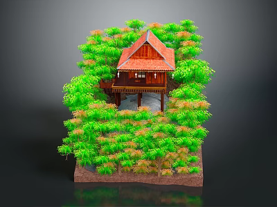 Cartoon Scene of Red Roof House Surrounded by Lush Green Trees and Wooden Platform 3d model