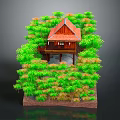 Cartoon Scene of Red Roof House Surrounded by Lush Green Trees and Wooden Platform