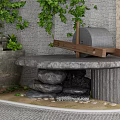 Garden Decor with Green Vines Covered Wall Stone Water Basin Plants and Stone Bench