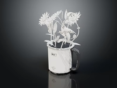 Paper Crafted Plants in White Mug With Daisies Leaves and Bird Design 3d model
