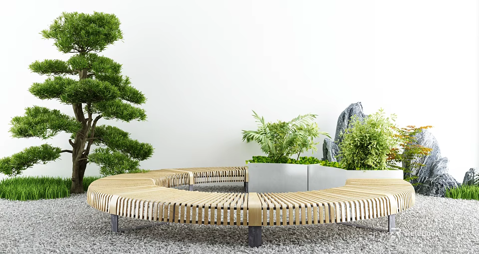 Round Wooden Slatted Outdoor Chair In Garden With Green Plants Stone And Gravel 3d model 