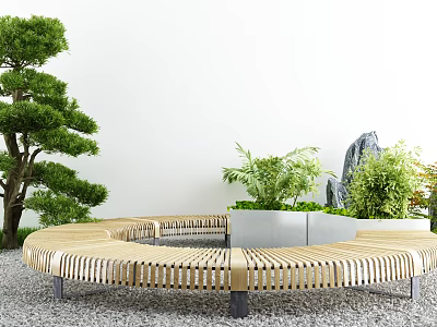 Round Wooden Slatted Outdoor Chair In Garden With Green Plants Stone And Gravel 3d model
