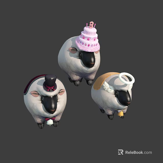 Three Decorated Sheep Characters With Birthday Cake Hat Top Hat And Angel Halo 3d model 