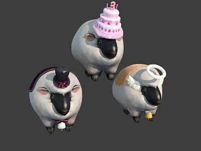 Three Decorated Sheep Characters With Birthday Cake Hat Top Hat And Angel Halo 3d model
