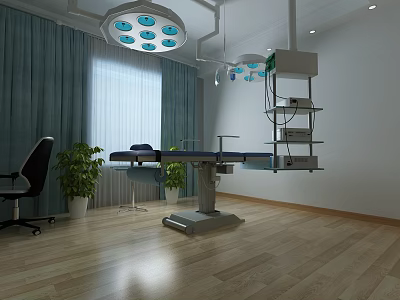 Medical Operating Room Interior With Surgical Lights Surgical Table Green Curtains And Plants 3d model