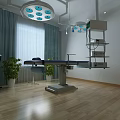 Medical Operating Room Interior With Surgical Lights Surgical Table Green Curtains And Plants