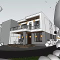 Modern Two Story Single Family House With Driveway Greenery And Front Balcony Design
