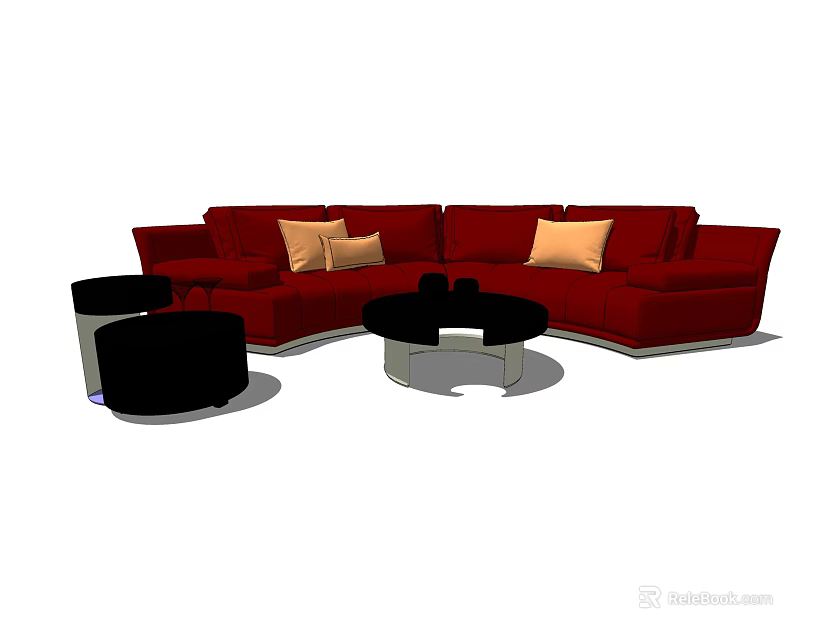 Red Sectional Multi Person Sofa With Beige Cushions Black Round Stools And Coffee Table 3d model