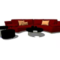 Red Sectional Multi Person Sofa With Beige Cushions Black Round Stools And Coffee Table 3d model