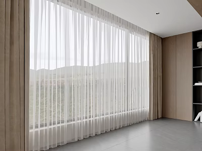 White Sheer Curtains With Beige Drapes For Large Window Mountain View Modern Room 3d model