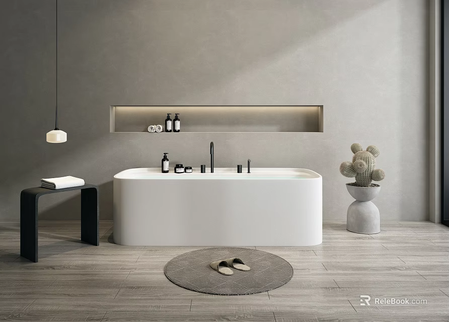Modern White Freestanding Bathtub Interior With Wall Shelf Hanging Lamp Bath Mat And Slippers 3d model 