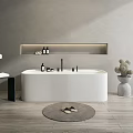 Modern White Freestanding Bathtub Interior With Wall Shelf Hanging Lamp Bath Mat And Slippers