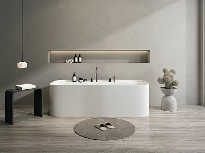 Modern White Freestanding Bathtub Interior With Wall Shelf Hanging Lamp Bath Mat And Slippers 3d model