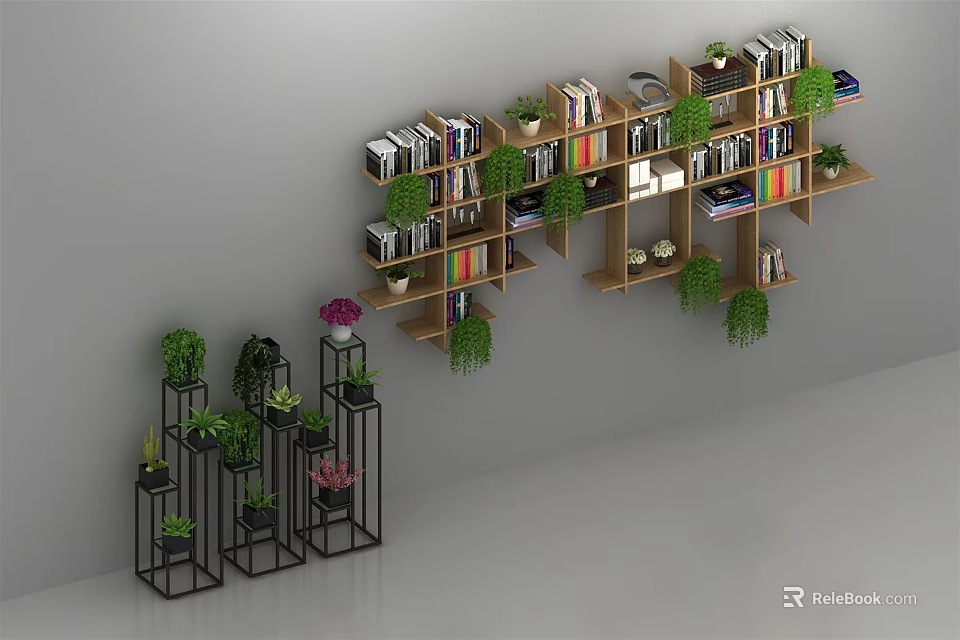 Modern Hanging Wall Cabinets Design With Books And Green Plants On Shelves 3d model 