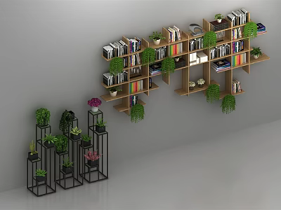 Modern Hanging Wall Cabinets Design With Books And Green Plants On Shelves 3d model