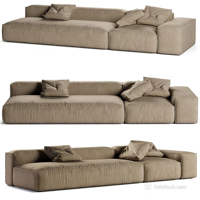 Beige Sectional Sofa With Plush Upholstered Fabric Cushions And Modern Living Room Design 3d model 