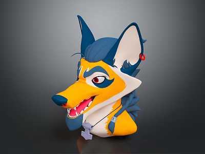 Cartoon Style Yellow And Blue Smiling Wolf Head With Pointed Ears And Red Bell 3d model