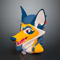 Cartoon Style Yellow And Blue Smiling Wolf Head With Pointed Ears And Red Bell