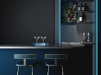 Modern Bar Counter With Dark Blue Walls Two Blue Stools Wine Glasses And Decorative Painting 3d model