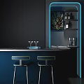 Modern Bar Counter With Dark Blue Walls Two Blue Stools Wine Glasses And Decorative Painting