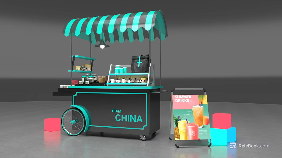 TEAM CHINA Mobile Food Cart Featuring Green Striped Awning Drink Signboard and Colorful Cubes 3d model 