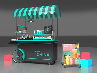 TEAM CHINA Mobile Food Cart Featuring Green Striped Awning Drink Signboard and Colorful Cubes 3d model
